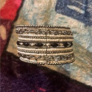 Silver and White Multi-Row Beaded Cuff Bracelet with Black Accents